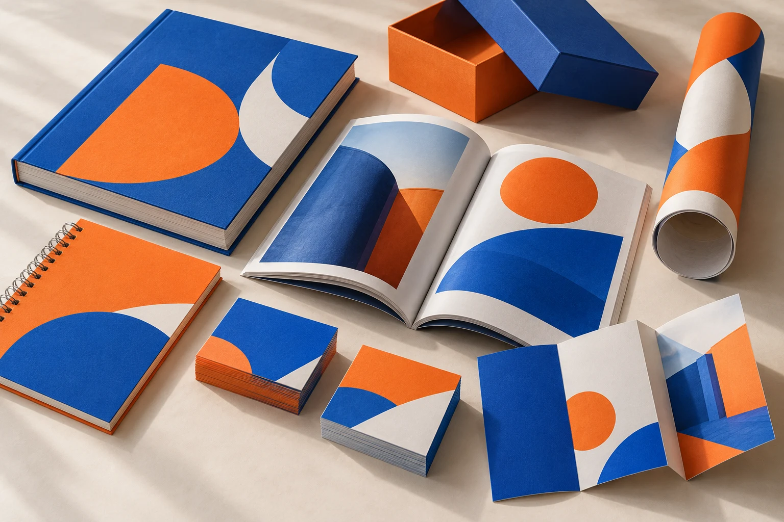 Blue and orange books, planner, cards and custom packaging concept